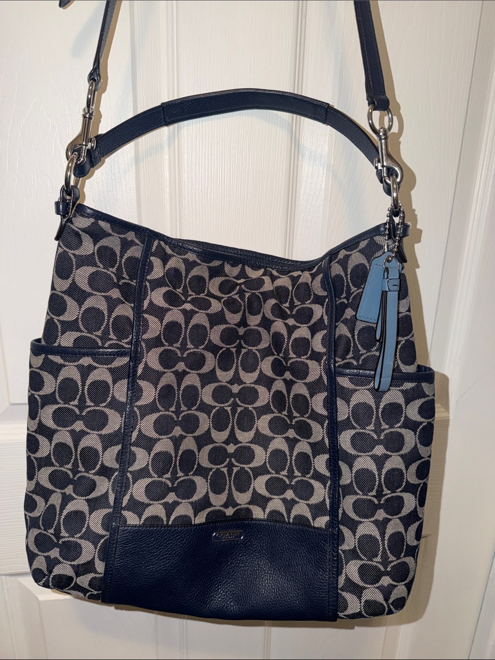 Coach Navy and Beige Signature Jacquard Shoulder Tote with Blue Accent